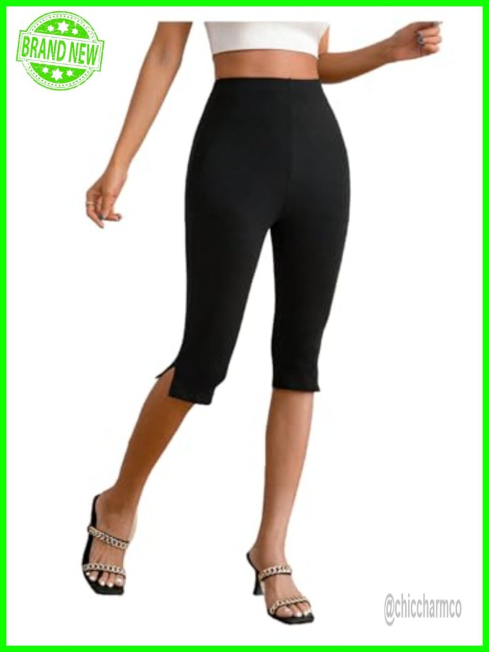 High Waisted Capri Leggings Skinny Straight Leg Cropped Pants Side Split